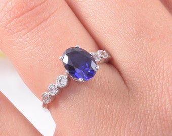 Womens sapphire engagement ring, Art deco engagement ring, Blue sapphire silver ring, Unique promise ring for her, Sapphire promise ring