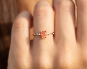 Unique 14k rose gold pear sunstone engagement ring, Dainty sunstone promise ring for her, Women sunstone ring, Anniversary gift for her