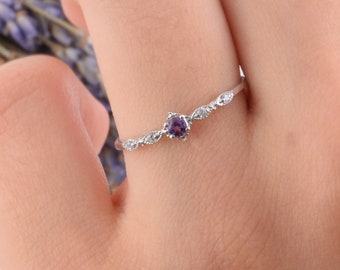 14k solid white gold dainty & small purple amethyst promise ring for her,Delicate minimalist vintage style art deco amethyst engagement ring