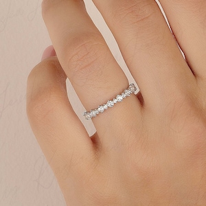 Womens  silver half eternity wedding band, Dainty minimalist round cz wedding band, Small tiny silver wedding ring, Ring for girlfriend