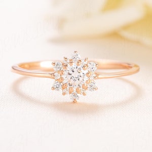 Dainty & elegant 14k rose gold women diamond cz halo engagement ring anniversary gift, Unique minimalist tiny diamond promise ring for her