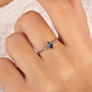Marquise london blue topaz engagement ring, Dainty art deco blue topaz bridal wedding ring, Women minimalist topaz anniversary promise ring