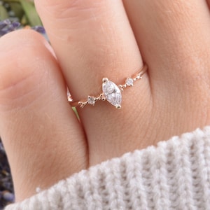Women dainty 14k rose gold marquise diamond cz engagement wedding ring, Minimalist cubic zirconia promise ring for her, Gift for her