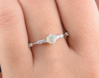 Simple & dainty 14k solid white gold womens opal promise ring, Unique opal promise ring for her, Small delicate gold opal engagement ring