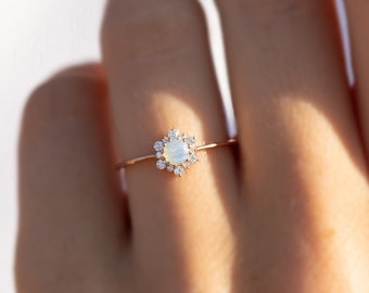 Dainty minimalist moonstone promise ring for her, Unique 14k rose gold moonstone halo engagement ring, Women blue moonstone ring gold