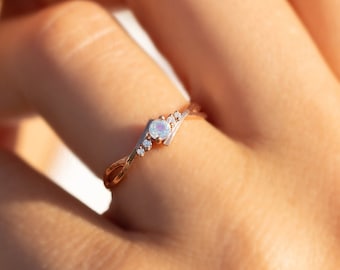 Unique moonstone minimalist engagement ring, Dainty celtic style blue moonstone promise ring for her, Women moonstone tiny ring 14k gold