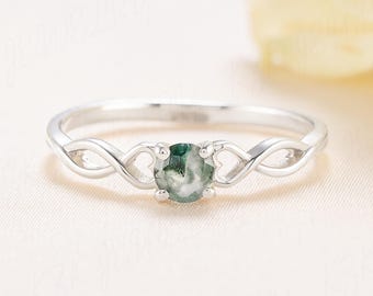 Anel de noivado feminino com nó celta e ágata musgosa, delicado e minimalista anel de compromisso solitário em ouro branco com ágata musgosa, aliança de casamento para usar em conjunto com outros anéis.
