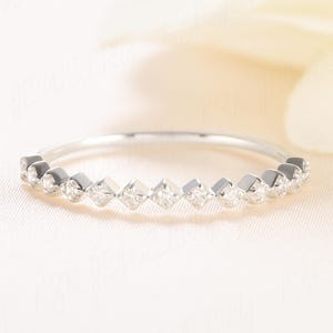 Women dainty & elegant 14k white gold pave diamond cz geometric wedding band, Minimalist delicate thin gold stacking wedding ring for her