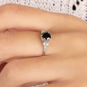 Black spinel cluster engagement ring sterling silver, Black spinel anniversary promise ring gift for her, Unique black bridal wedding ring