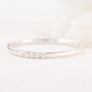 Minimalist 14k white gold 4 stones pave diamond cz promise ring for her, Delicate tiny gold women wedding band, Simple cz stacking ring gold