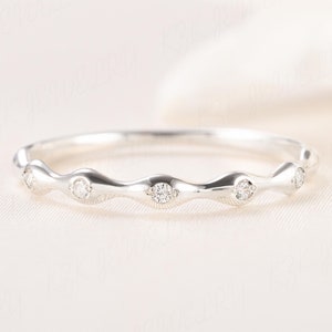 Unique minimalist 14k white gold diamond cz wedding band, Women dainty & elegant art deco wedding band, Small diamond cz stacking ring women