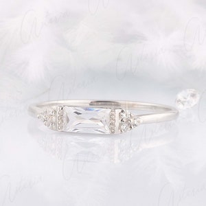 Dainty baguette cz promise ring for her, Womens small silver baguette engagement ring, Simple minimalist cz wedding ring, Anniversary gift