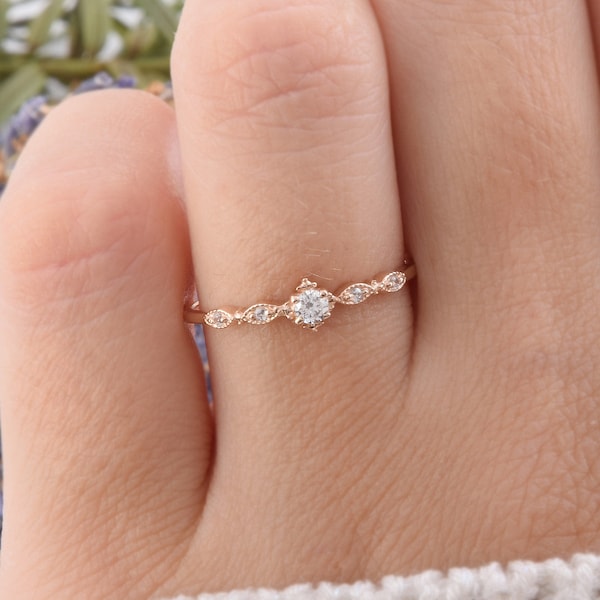 Anillo de promesa art déco minimalista delicado de oro rosa de 14k de estilo vintage para ella, anillo de compromiso de oro para mujeres pequeño y delicado, regalo de aniversario