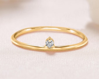 Dainty CZ Solitaire Stacking Ring, Yellow Gold Minimalist Delicate Everyday Ring for Her