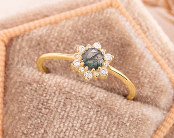Women moss agate ring gold, Unique 14k gold genuine moss agate engagement ring, Minimalist moss agate promise ring for her, Anniversary gift