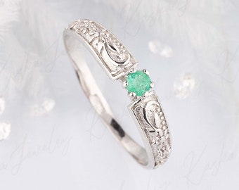 Vintage style art deco emerald solitaire promise ring for her, Unique filigree 925 sterling silver emerald engagement ring, Emerald jewelry
