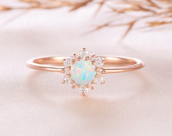 Unique dainty opal engagement ring, Women opal ring rose gold, Minimalist snowflake opal promise ring for her, Anniversary ring gift for her