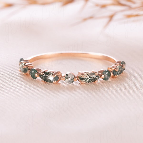 Dainty minimalist 14k rose gold half eternity marquise round moss agate stacking wedding band, Green stone may birthstone ring gift for her