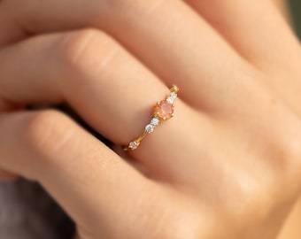 Dainty gold genuine sunstone promise ring for her Women sunstone ring gold Unique minimalist 14k gold sunstone engagement ring Gift for her