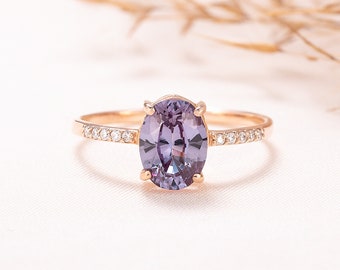 Oval cut Alexandrine women ring rose gold, Dainty alexandrite engagement ring with pave band, Unique alexandrite promise ring for her