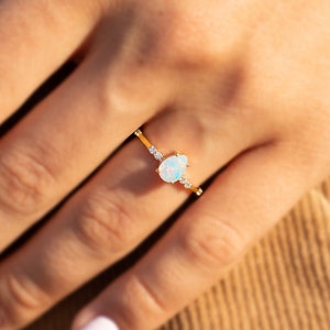 Unique 14k gold natural pear opal engagement ring, Dainty opal promise ring for her, Women opal ring gold, Perfect anniversary gift for her