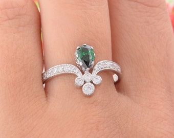 Unique Art Deco Silver Ring, Antique Emerald Engagement Ring, Emerald Jewelry, Womens Emerald Silver Ring, Unique Emerald Ring