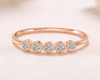 Dainty 14K Rose Gold CZ Stacking Ring, Minimalist Cubic Zirconia Wedding Band, CZ Promise Ring for Her