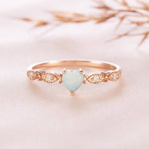 Dainty minimalist blue opal promise ring for her, Women unique art deco heart opal engagement ring rose gold, Women opal ring, Opal jewelry