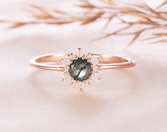 Women rose gold minimalist moss agate halo engagement ring, Unique art deco moss agate promise ring for her, Women snowflake moss agate ring