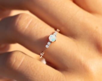 Unique 14k rose gold tiny opal engagement ring, Dainty minimalist opal engagement ring, Anniversary opal ring gift for her, Women opal ring