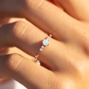 Unique 14k rose gold tiny opal engagement ring, Dainty minimalist opal engagement ring, Anniversary opal ring gift for her, Women opal ring
