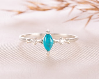 Dainty white gold women minimalist marquise turquoise ring, Unique turquoise promise ring for her, Tiny turquoise engagement ring