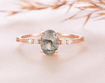 Moss agate gold women ring, Dainty oval moss agate engagement ring, Unique natural green moss agate promise ring for her, Anniversary ring