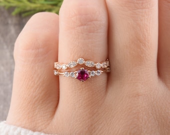 Unique dainty 14k rose gold ruby womens wedding rings set, Minimalist gold ruby engagement rings set, Antique style art deco wedding rings