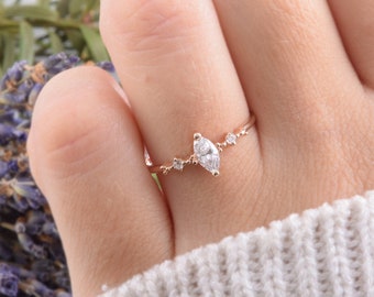 Unique dainty minimalist 14k rose gold marquise cut white cz promise ring for her, Small & delicate womens gold engagement ring,Gift for her