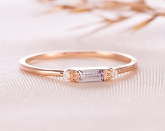 Small & delicate 14k rose gold alexandrite promise ring for her, Simple minimalist baguette cut women alexandrite engagement ring