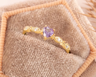 Women alexandrite ring gold Unique art deco style 14k gold heart alexandrite engagement ring Dainty alexandrite promise ring for her
