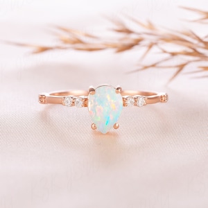 Women pear opal dainty engagement ring gold, Unique teardrop opal promise ring for her, Natural opal ring for women Anniversary gift for her