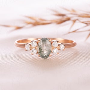 Anel de noivado exclusivo de ágata musgo oval natural dourado, Anel de promessa delicado de ágata musgo para ela, Anel de ágata musgo feminino presente para ela