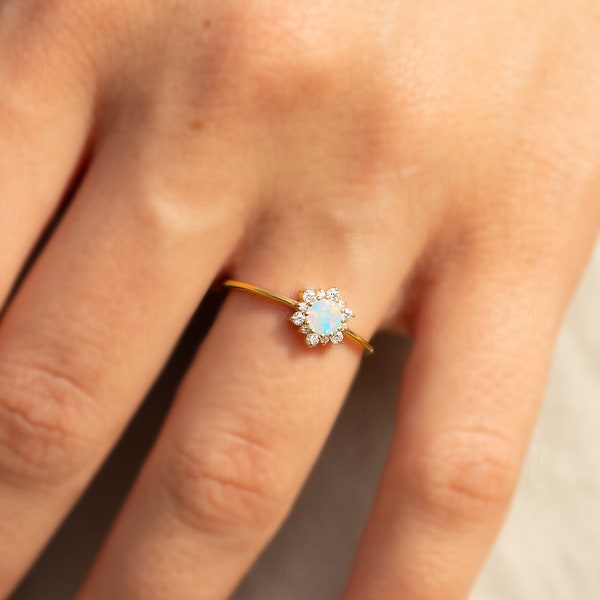 Women opal ring gold, Unique 14k gold opal promise ring for her, Minimalist tiny opal engagement ring, Perfect anniversary gift for her ring