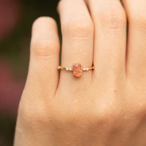 Women sunstone ring gold Dainty minimalist gold oval sunstone engagement ring Unique genuine sunstone promise ring for her Anniversary gift