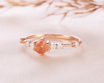 Dainty minimalist sunstone engagement ring, Unique 14k rose gold tiny sunstone engagement ring, Women sunstone ring, Anniversary ring gift