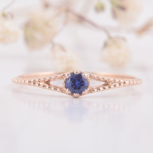 Small delicate antique style victorian blue sapphire womens engagement ring, 14k rose gold tiny & dainty blue sapphire promise ring for her