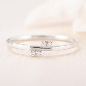 Dainty & elegant women diamond cz wave wedding band, Unique minimalist 14k white gold diamond cz wave wedding band, Tiny stacking ring gold