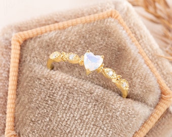 Art deco moonstone engagement ring gold, Unique women moonstone ring, Dainty minimalist 14k gold heart moonstone promise ring gift for her