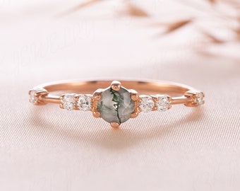 Simple & dainty 14k rose gold moss agate promise ring for her, Agate minimalist women promise ring, Dainty moss agate engagement ring gold