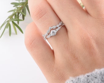 14k solid white gold art deco wedding rings set, Unique small & dainty wedding rings set, Antique wedding rings set, Gold bridal rings set