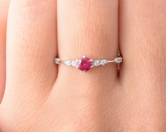 Womens Dainty Ruby Silver Promise Ring, Delicate Womens Promise Ring, Ruby Jewelry, Pink Stone Ring, Ruby Engagement Ring, Small Silver Ring