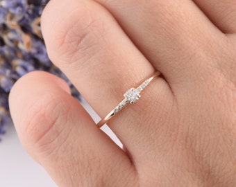 14k solid rose gold small & dainty promise ring for her,Womens unique promise ring, Simple delicate promise ring, White cz promise ring