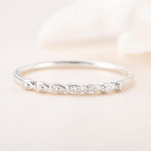 Dainty minimalist 14k white gold diamond cz wedding band, Small tiny elegant women wedding band Unique stacking plain band gold gift for her